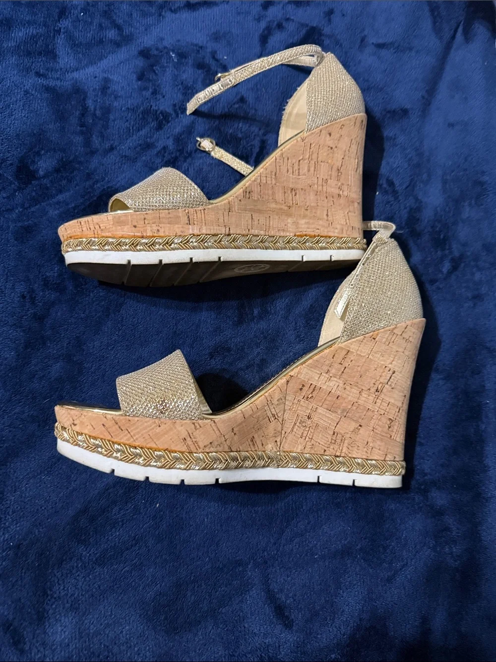 Guess Metallic Gold Cork Wedge Sandals with Ankle Wrap Women's Size 7.5